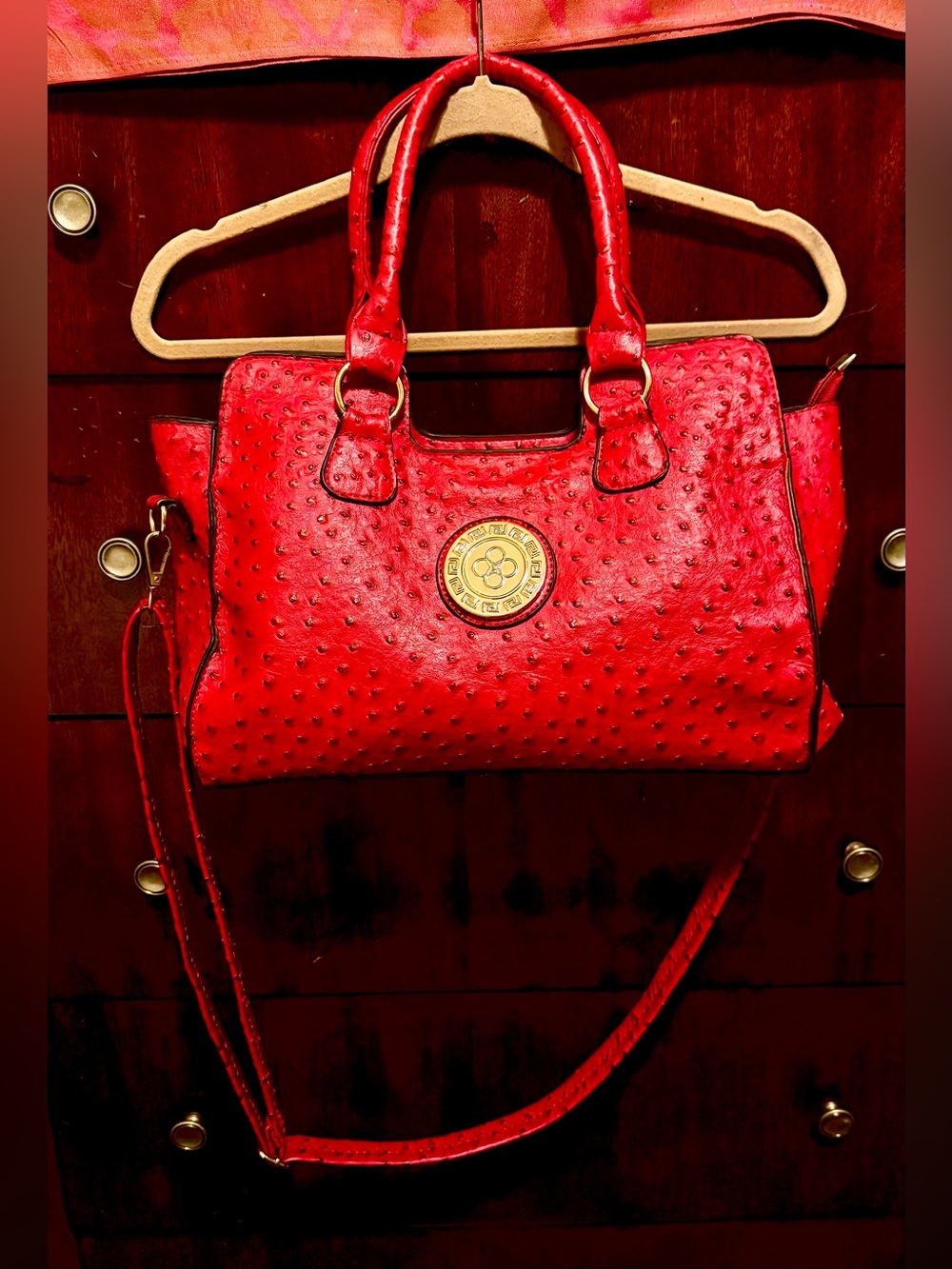 London Fog Red Ostrich-Embossed Satchel Double Handles Detachable Strap